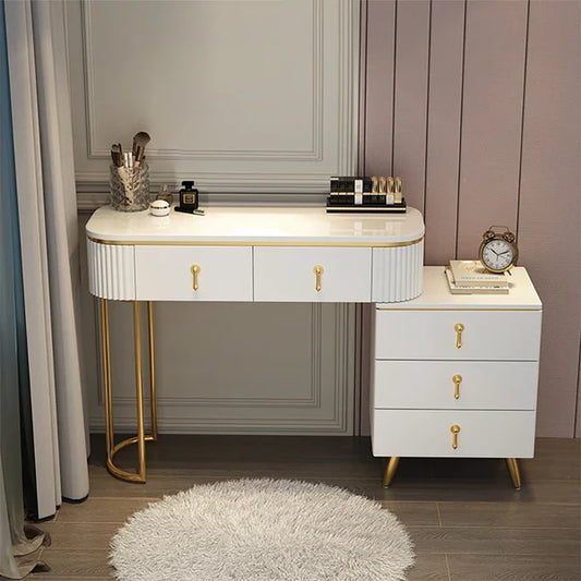 Modern White Oval Extendable Makeup Vanity with 5-Drawer Side Cabinet Included