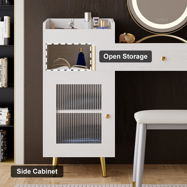 Modern White Retractable Makeup Vanity Set with Side Cabinet Dressing Table with Light