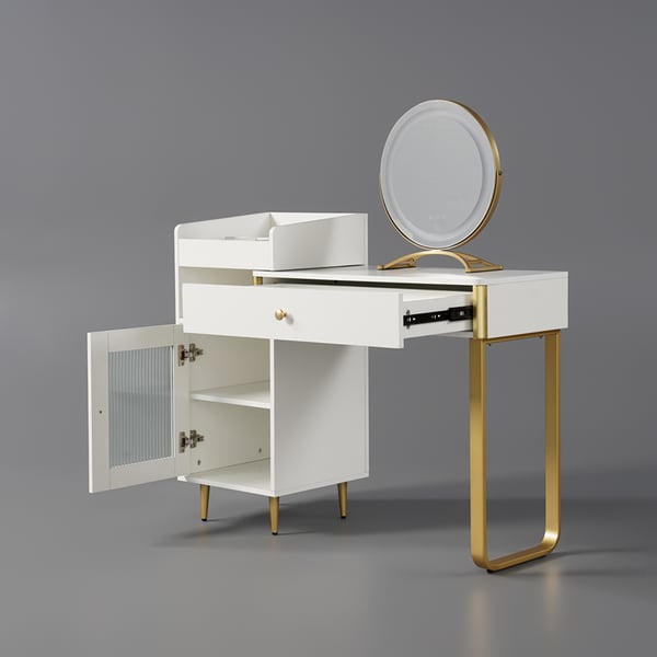 Modern White Retractable Makeup Vanity Set with Side Cabinet Dressing Table with Light