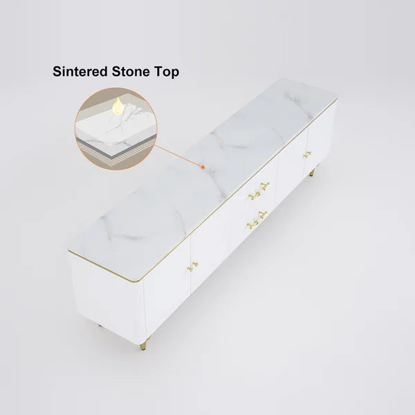 Meuble TV moderne noir, 4 portes, 2 tiroirs, console multimédia luxueuse pour téléviseurs jusqu'à 85"