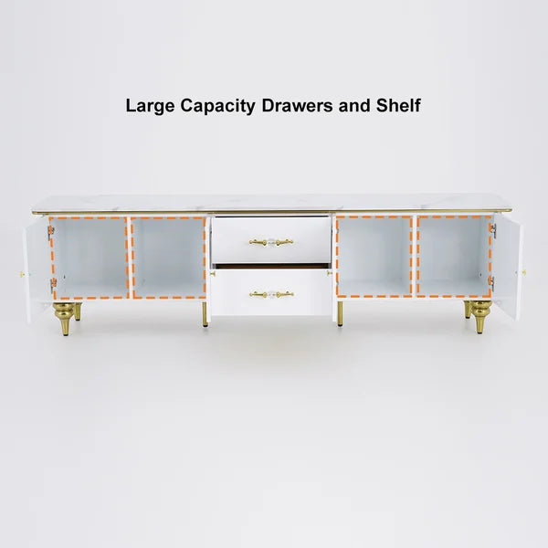 Meuble TV moderne noir, 4 portes, 2 tiroirs, console multimédia luxueuse pour téléviseurs jusqu'à 85"