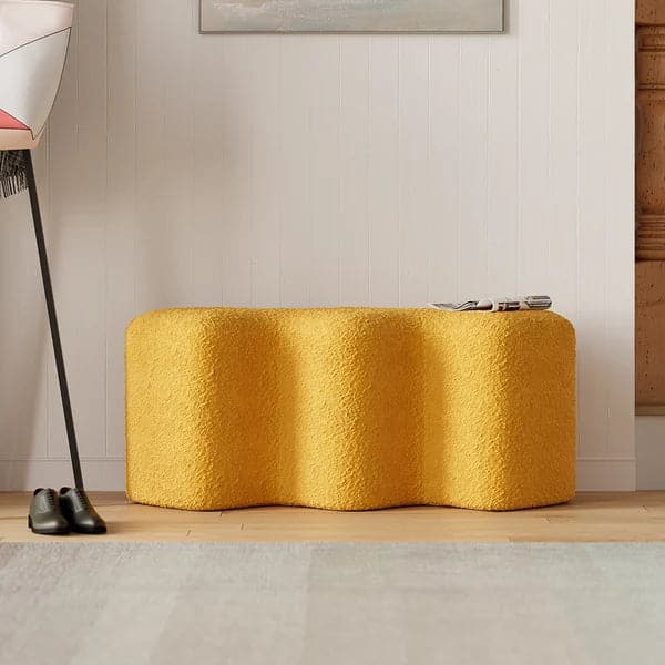 Modern Yellow Entryway Bench Boucle Upholstered Molecule Ottoman Wooden Frame