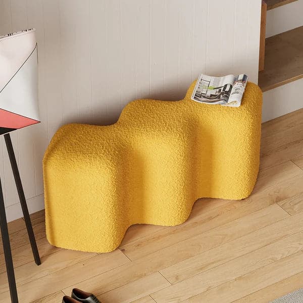 Modern Yellow Entryway Bench Boucle Upholstered Molecule Ottoman Wooden Frame