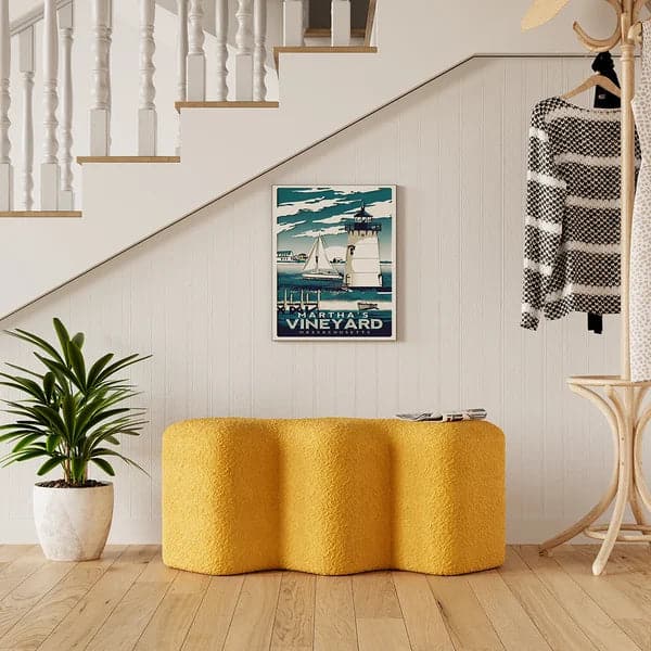 Modern Yellow Entryway Bench Boucle Upholstered Molecule Ottoman Wooden Frame