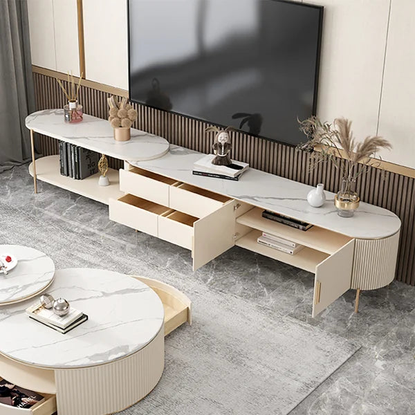 Meuble TV ovale rétractable en pierre frittée blanc cassé, console multimédia avec 4 tiroirs