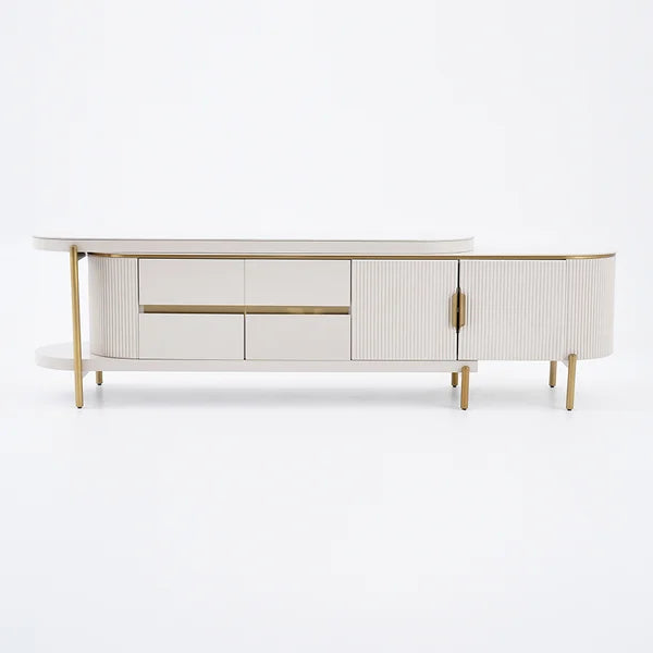 Meuble TV ovale rétractable en pierre frittée blanc cassé, console multimédia avec 4 tiroirs