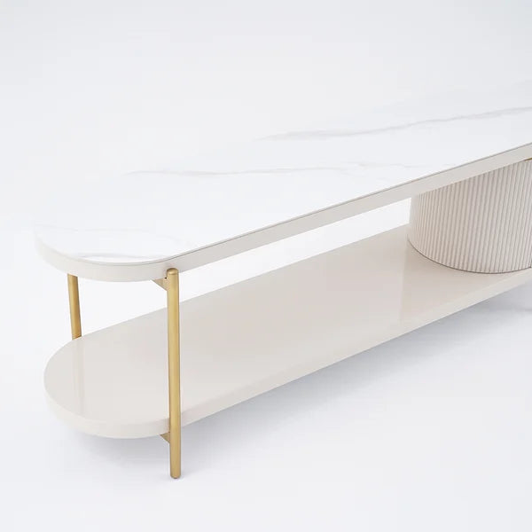 Meuble TV ovale rétractable en pierre frittée blanc cassé, console multimédia avec 4 tiroirs