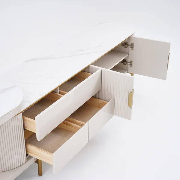 Meuble TV ovale rétractable en pierre frittée blanc cassé, console multimédia avec 4 tiroirs