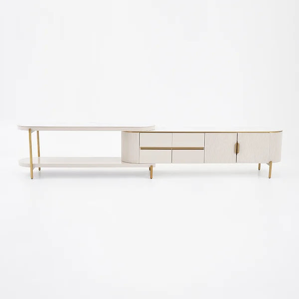 Meuble TV ovale rétractable en pierre frittée blanc cassé, console multimédia avec 4 tiroirs