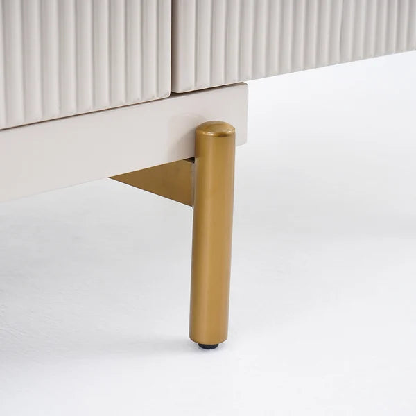 Meuble TV ovale rétractable en pierre frittée blanc cassé, console multimédia avec 4 tiroirs