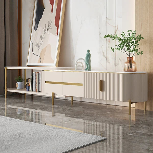 Meuble TV ovale rétractable en pierre frittée blanc cassé, console multimédia avec 4 tiroirs