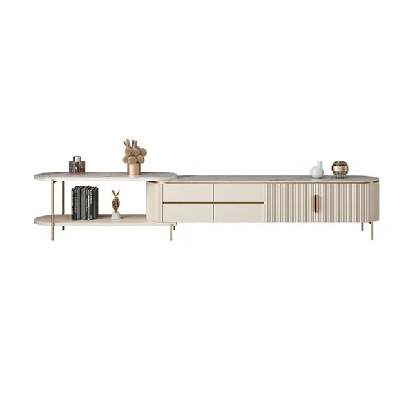 Meuble TV ovale rétractable en pierre frittée blanc cassé, console multimédia avec 4 tiroirs
