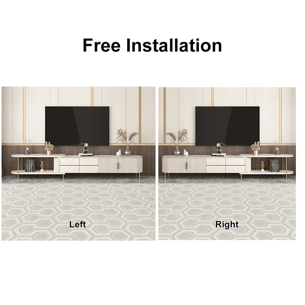 Meuble TV ovale rétractable en pierre frittée blanc cassé, console multimédia avec 4 tiroirs