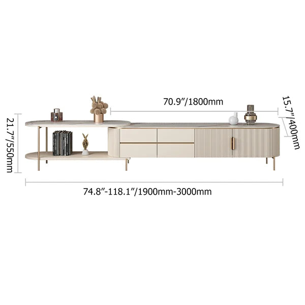 Meuble TV ovale rétractable en pierre frittée blanc cassé, console multimédia avec 4 tiroirs