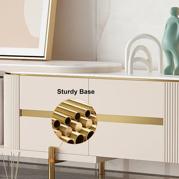 Meuble TV ovale rétractable en pierre frittée blanc cassé, console multimédia avec 4 tiroirs