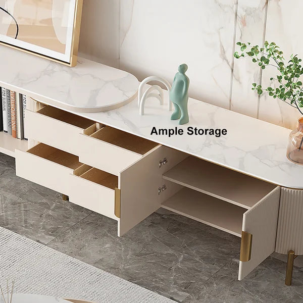 Meuble TV ovale rétractable en pierre frittée blanc cassé, console multimédia avec 4 tiroirs