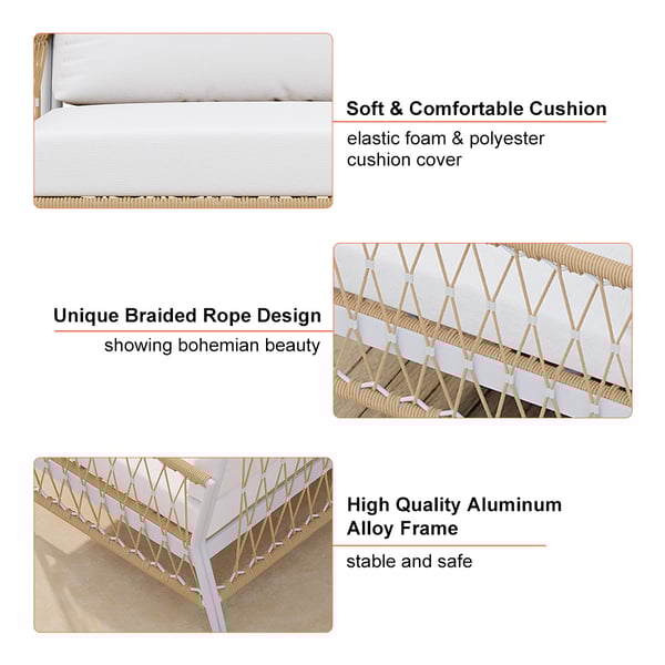 Ropipe 4 Pieces L Shape Woven Rope Outdoor Sectional Sofa Set in Khaki & White For 5