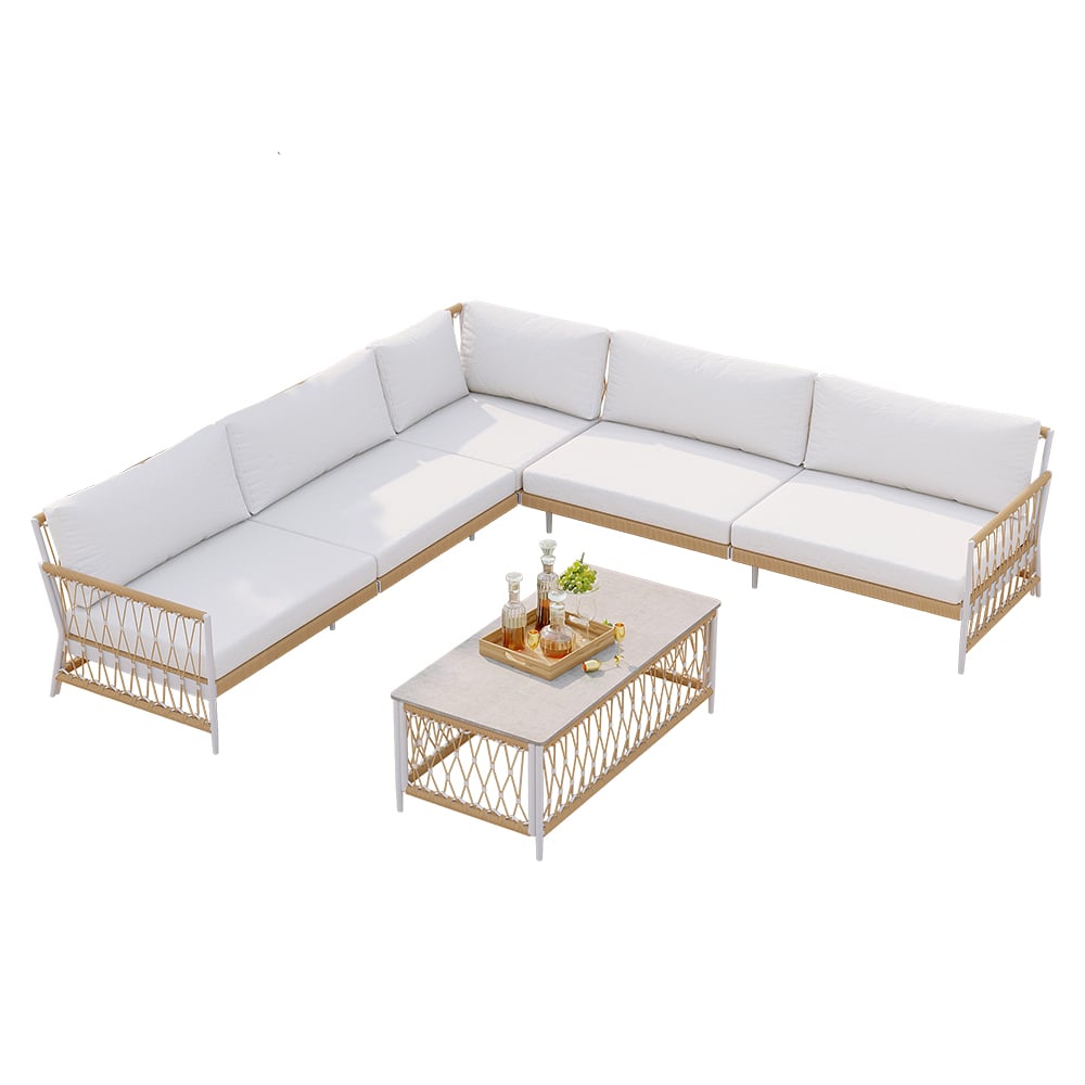 Ropipe 4 Pieces L Shape Woven Rope Outdoor Sectional Sofa Set in Khaki & White For 5