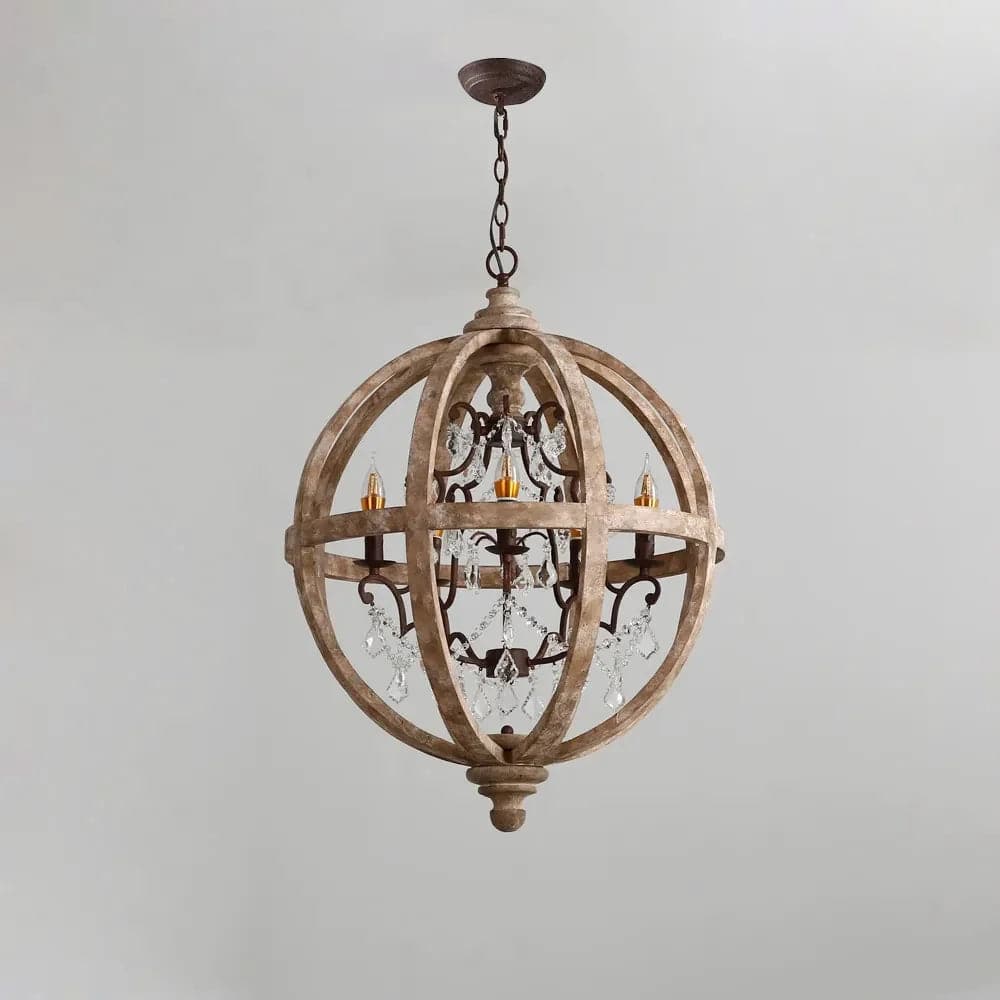 Lustre rustique à 5 lumières en forme de globe, plafonnier en bois patiné