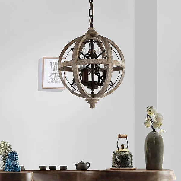 Rustic Weathered Wood Globe Chandelier Metal Crystal Ceiling Light