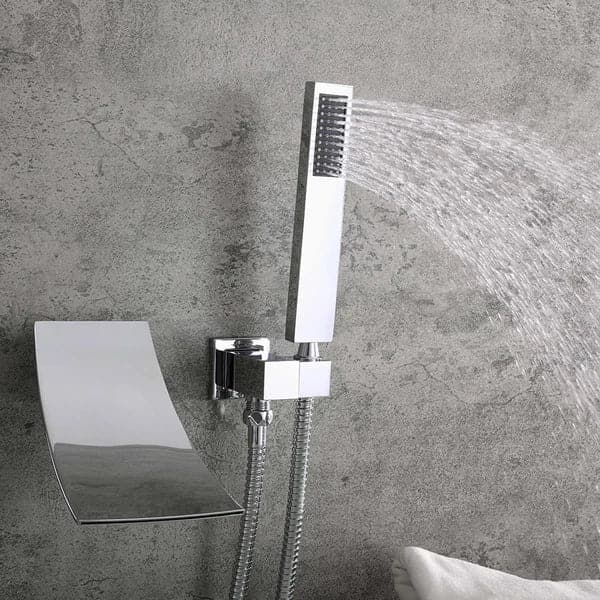 Waterfall Spout Wall-Mount Tub Filler Faucet Single Handle and Handshower Chrome