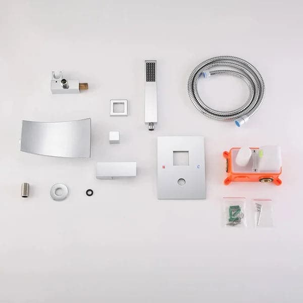 Waterfall Spout Wall-Mount Tub Filler Faucet Single Handle and Handshower Chrome