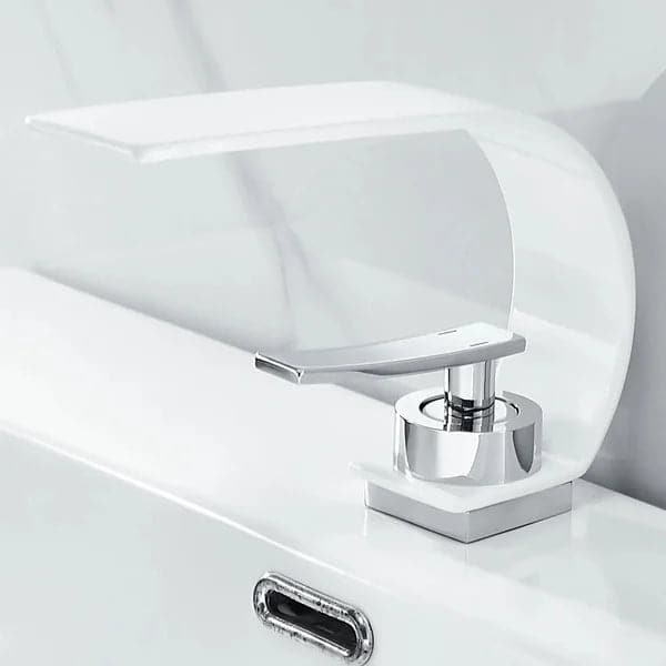 Single Handle Waterfall Arc Bathroom Sink Faucet White and Chrome Solid Brass