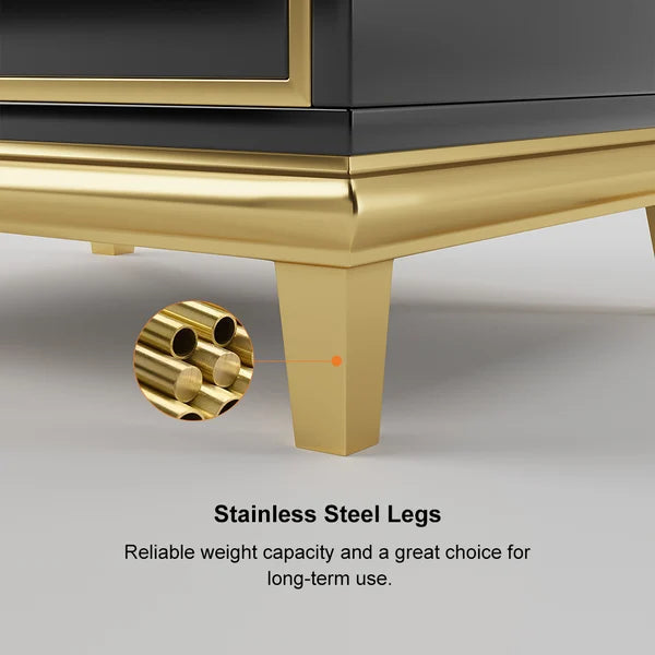 Tile White Modern Bedroom Nightstand with 2 Drawers in Gold Legs#Black