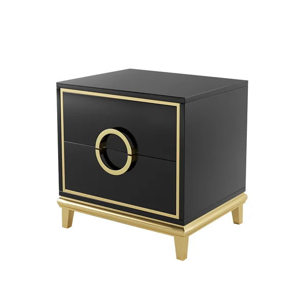 Tile White Modern Bedroom Nightstand with 2 Drawers in Gold Legs#Black