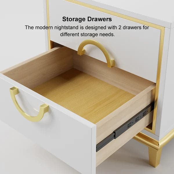 Tile White Modern Bedroom Nightstand with 2 Drawers in Gold Legs#White