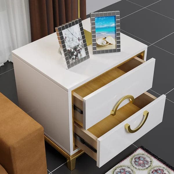 Tile White Modern Bedroom Nightstand with 2 Drawers in Gold Legs#White