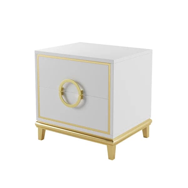 Tile White Modern Bedroom Nightstand with 2 Drawers in Gold Legs#White