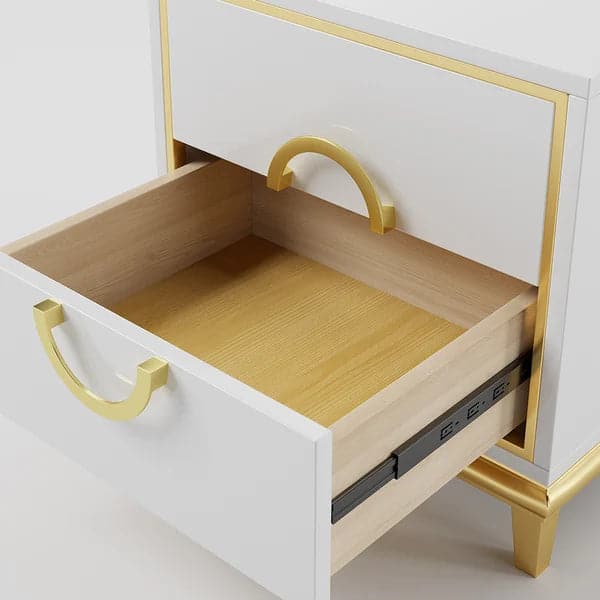 Tile White Modern Bedroom Nightstand with 2 Drawers in Gold Legs#White
