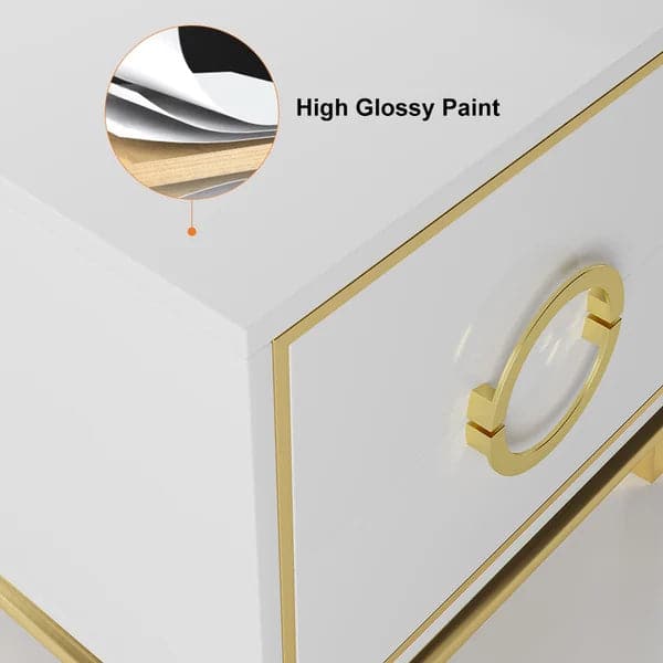 Tile White Modern Bedroom Nightstand with 2 Drawers in Gold Legs#White
