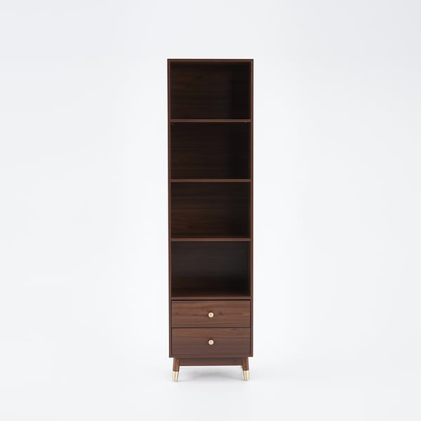 Étagère à livres moderne et minimaliste avec 3 étagères et 2 tiroirs en noyer