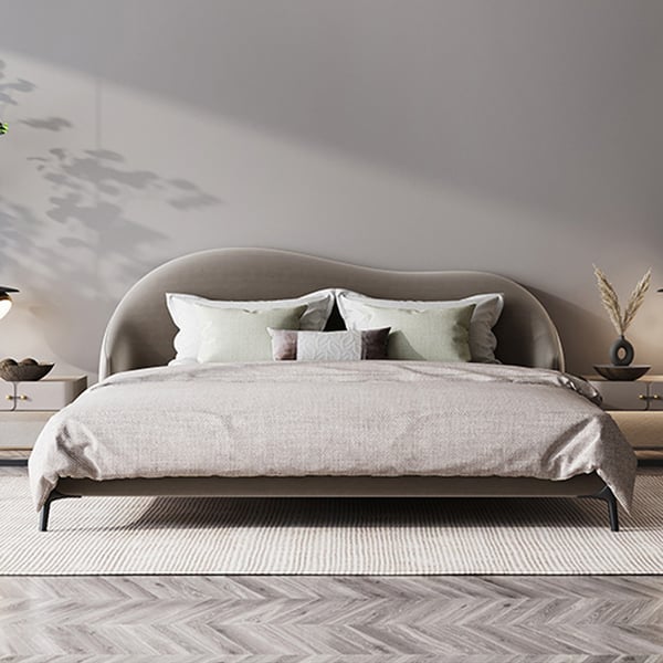 Velvet Upholstered Queen Bed Low Profile Wingback Bed with Wooden Slats