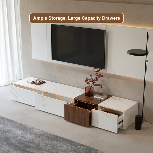 Meuble TV moderne en bloc de bois de 78,9 po, placage en marbre et noyer en blanc avec 4 tiroirs