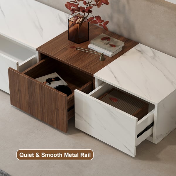 Meuble TV moderne en bloc de bois de 78,9 po, placage en marbre et noyer en blanc avec 4 tiroirs