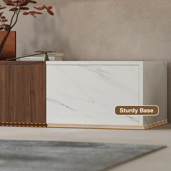 Meuble TV moderne en bloc de bois de 78,9 po, placage en marbre et noyer en blanc avec 4 tiroirs