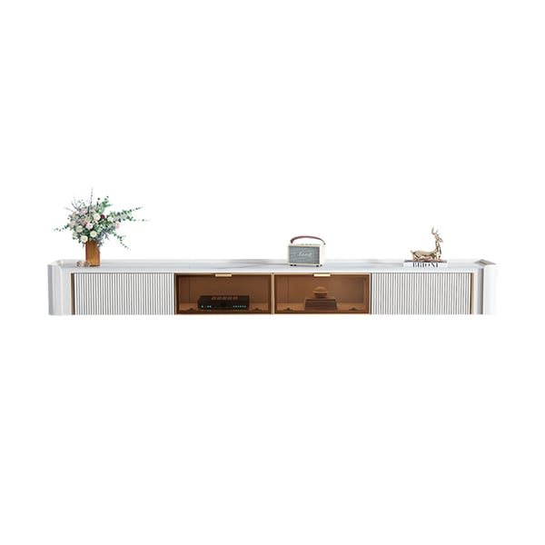 Wall-Mounted Fluted TV Stand with 2 Drawers and Flip Glass Doors Stone Top Media Console