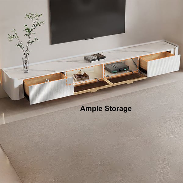 Wall-Mounted Fluted TV Stand with 2 Drawers and Flip Glass Doors Stone Top Media Console