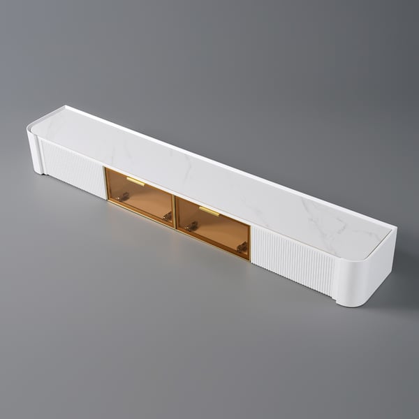 Wall-Mounted Fluted TV Stand with 2 Drawers and Flip Glass Doors Stone Top Media Console