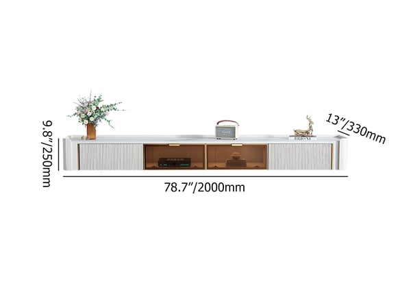 Wall-Mounted Fluted TV Stand with 2 Drawers and Flip Glass Doors Stone Top Media Console