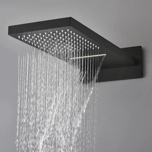 Wall Mounted Waterfall Rain Thermostatic Shower System with 3 Body Sprays in Matte Black