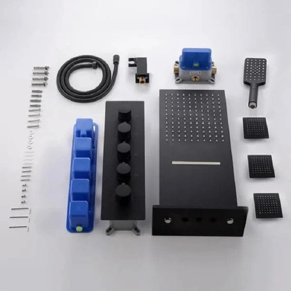 Wall Mounted Waterfall Rain Thermostatic Shower System with 3 Body Sprays in Matte Black