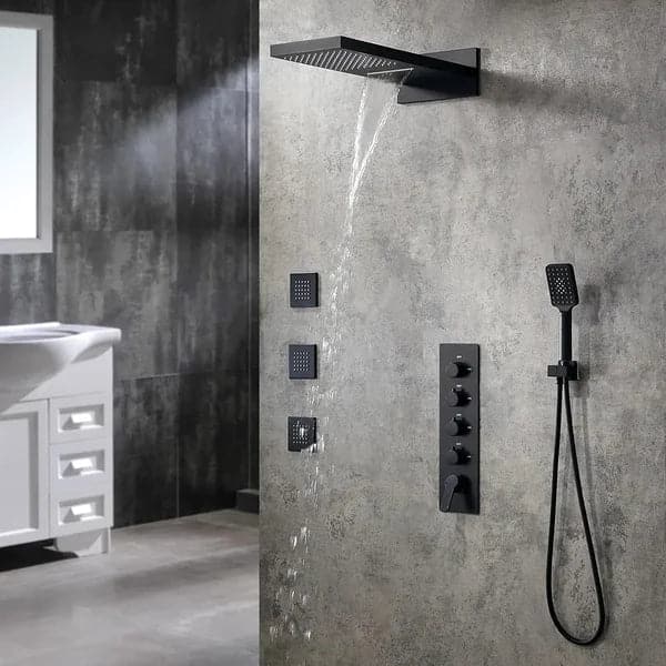 Wall Mounted Waterfall Rain Thermostatic Shower System with 3 Body Sprays in Matte Black
