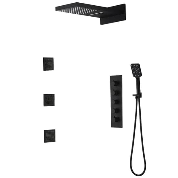 Wall Mounted Waterfall Rain Thermostatic Shower System with 3 Body Sprays in Matte Black