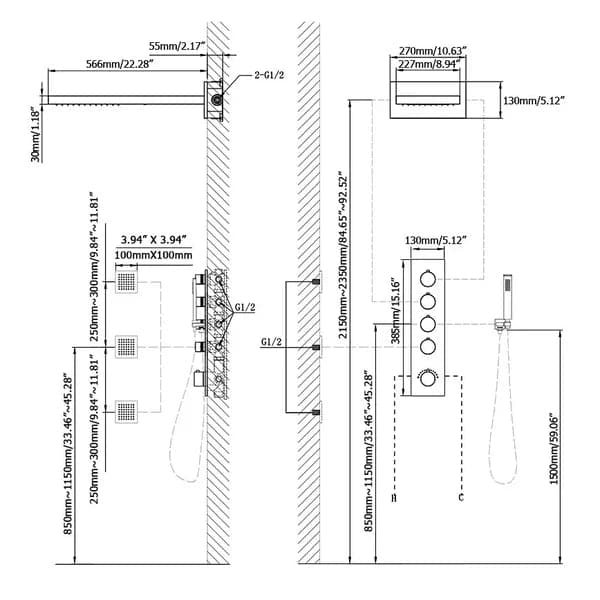 Wall Mounted Waterfall Rain Thermostatic Shower System with 3 Body Sprays in Matte Black