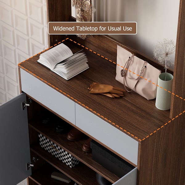 Walnut & Gray Modern Shoe Cabinet with 5 Shelves 2 Drawers 2 Doors Entryway Shoe Storage