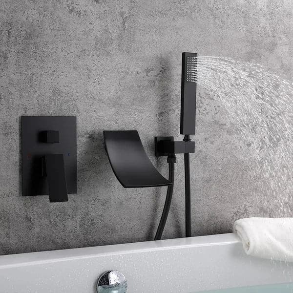 Waterfall Wall-Mount Tub Filler Faucet Single Handle and Handshower Matte Black